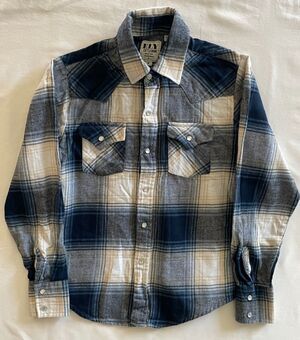 Ely Cattleman Shirt Boys Medium Plaid Navy Pearl Snap Flap Pocket Western